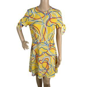 MNG Mango Rare Nautical Rope Print Dress M Back Button Tie Sleeve A-Line Retro
